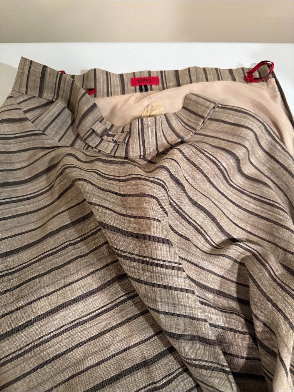 Hugo Boss Beige and Black Striped Linen Skirt